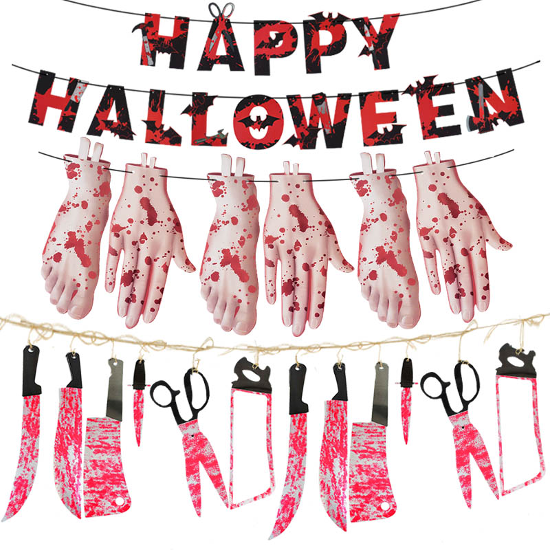Halloween Bloody Banners Papier Horror Messen Bloed Hand Bunting Garland Happy Halloween Party Decoratie Muur Opknoping Decor Prop
