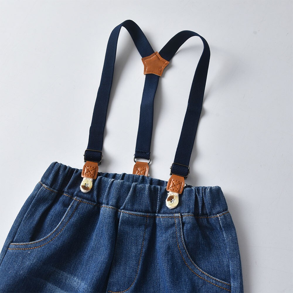 Tem doger calças infantis, calças jeans demin para crianças pequenas com suspensórios, calças casuais de outono para meninos