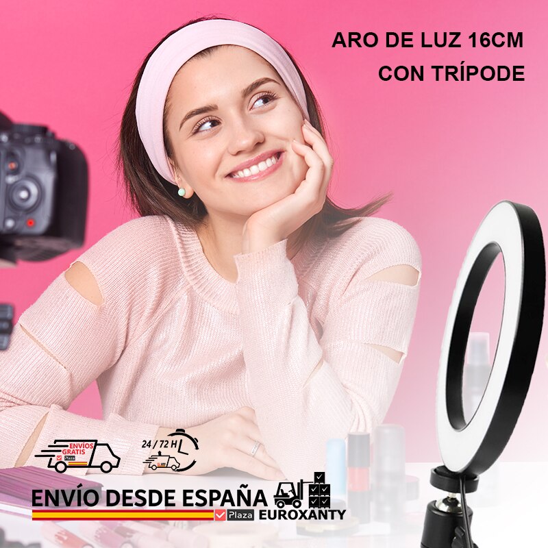 EUROXANTY®| Cerceau de lumière | 16cm 6 "| Anneau lumineux à LED | Cerceau de lumière avec trépied | Anneau de lumière | Maquillage | Tik Tok | Plaza España