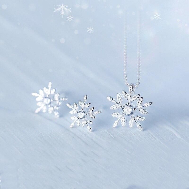 Moda fiocco di neve zircone cubico collana gioielli da donna Set natale neve fiore orecchini regali in argento Sterling 925