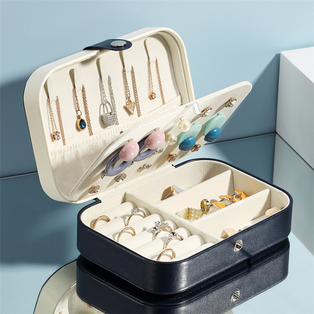 Jewelry Organizer Cases Display Travel Portable Jewelry Box Leather Storage Organizer Earring Holder Boxes Travel Cosmetic Bag: M2-navy blue