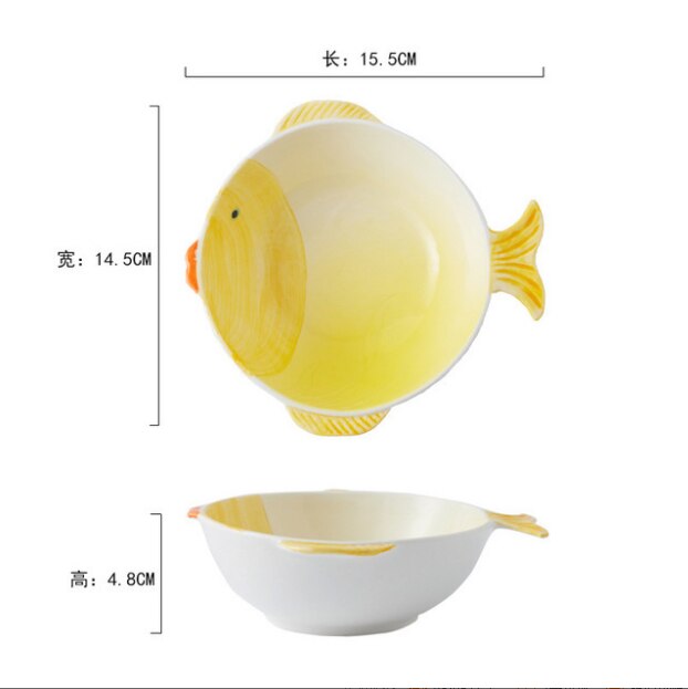 Cuencos y platos de cerámica con forma de pez, pintados a mano y esmaltados con dibujos animados, cuencos y platos para el hogar de un solo color.: Amarillo pequeño