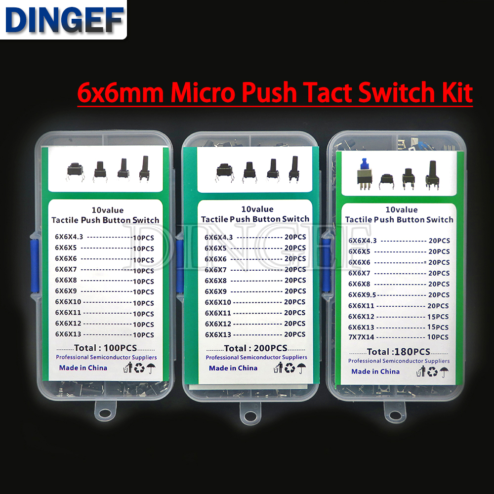 100/180/200 Uds 6x6mm Micro Kit de interruptor táctil 6x6 Mini palanca táctil botón PCB momentáneo 4 pines pulsador ibuw