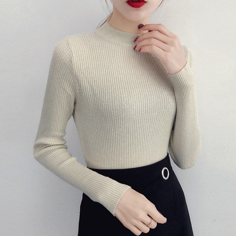 Suéter de lurex brillante para otoño e invierno, jersey de manga larga para mujer, suéteres básicos de cuello alto, tops de punto de estilo coreano para mujer