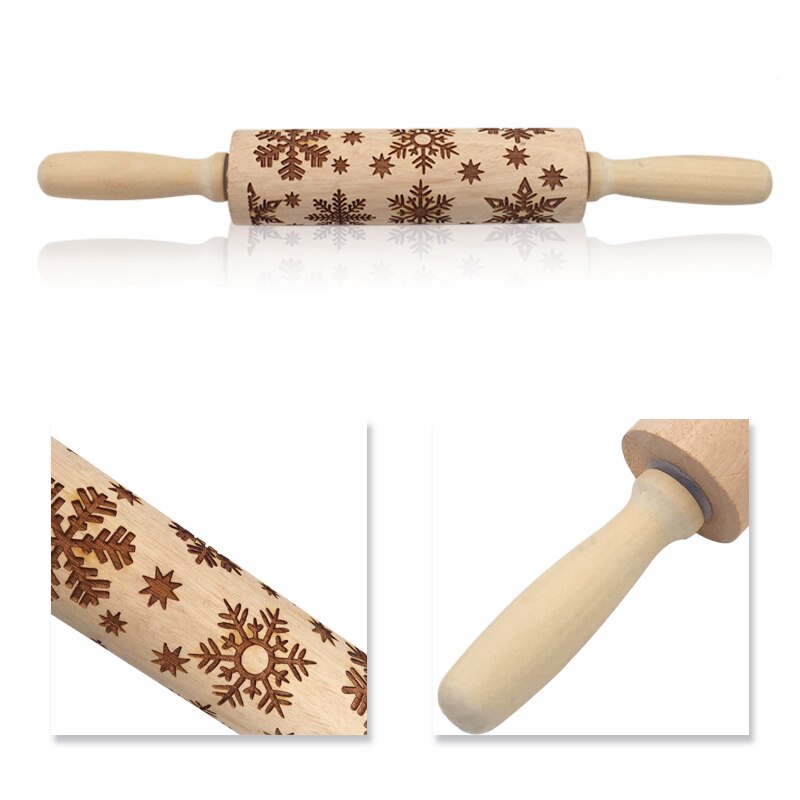 Kerst Embossing Rolling Pin Koekjes Bakken Noodle Biscuit Fondant Taart Deeg Gegraveerde Roller Rendier Houten Deegroller