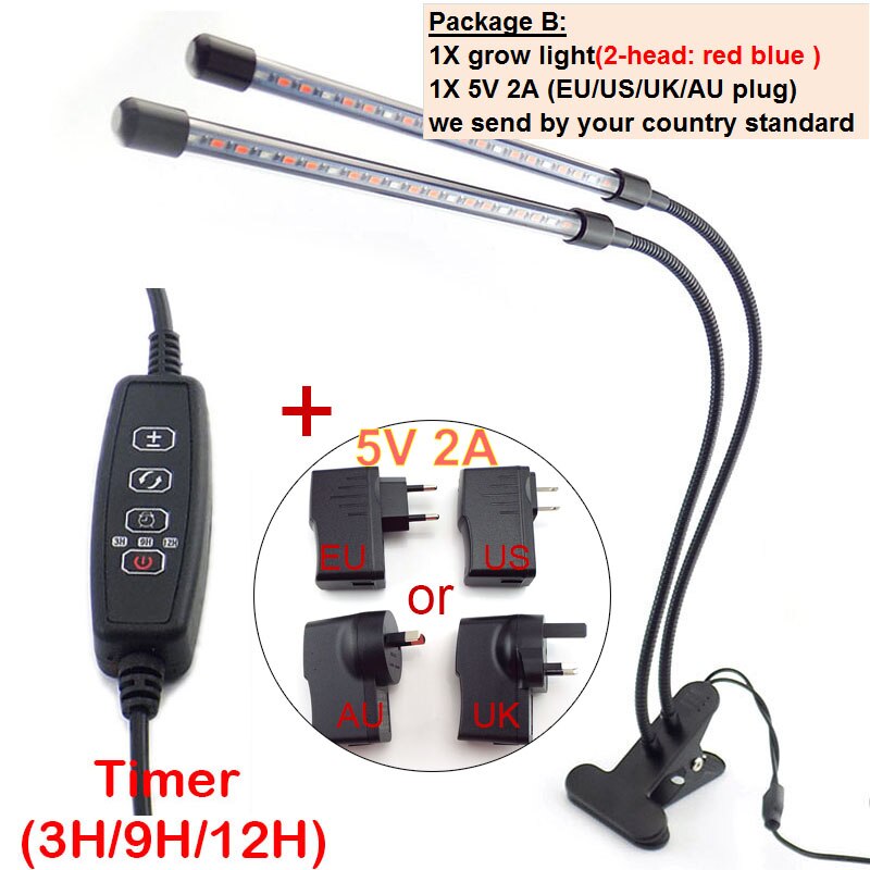 Luces LED para cultivo de plantas, iluminación con temporizador USB de 2/3/4 cabezales, adaptador de 5V para invernadero de interior, cultivo de flores, lámpara Phyto growbox: B package 2 head