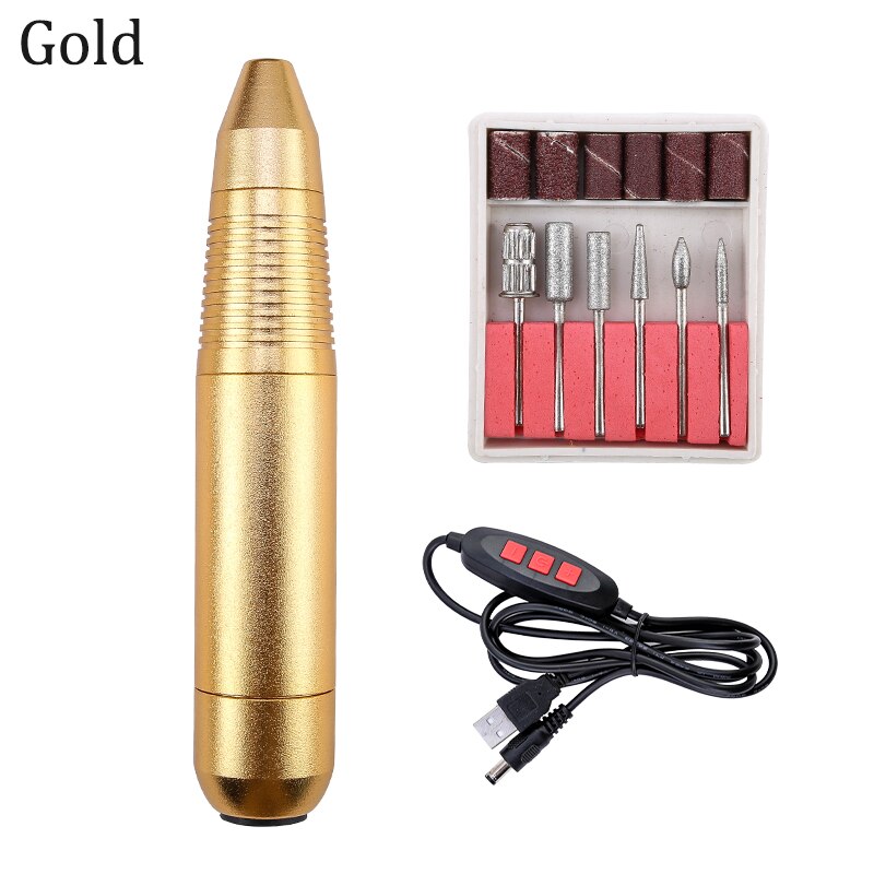 Conjunto de lixadeira elétrica de unha 20000rpm, lixadeira cerâmica usb, kit de manicure de liga de alumínio, velocidade ajustável, ferramenta para manicure: Gold