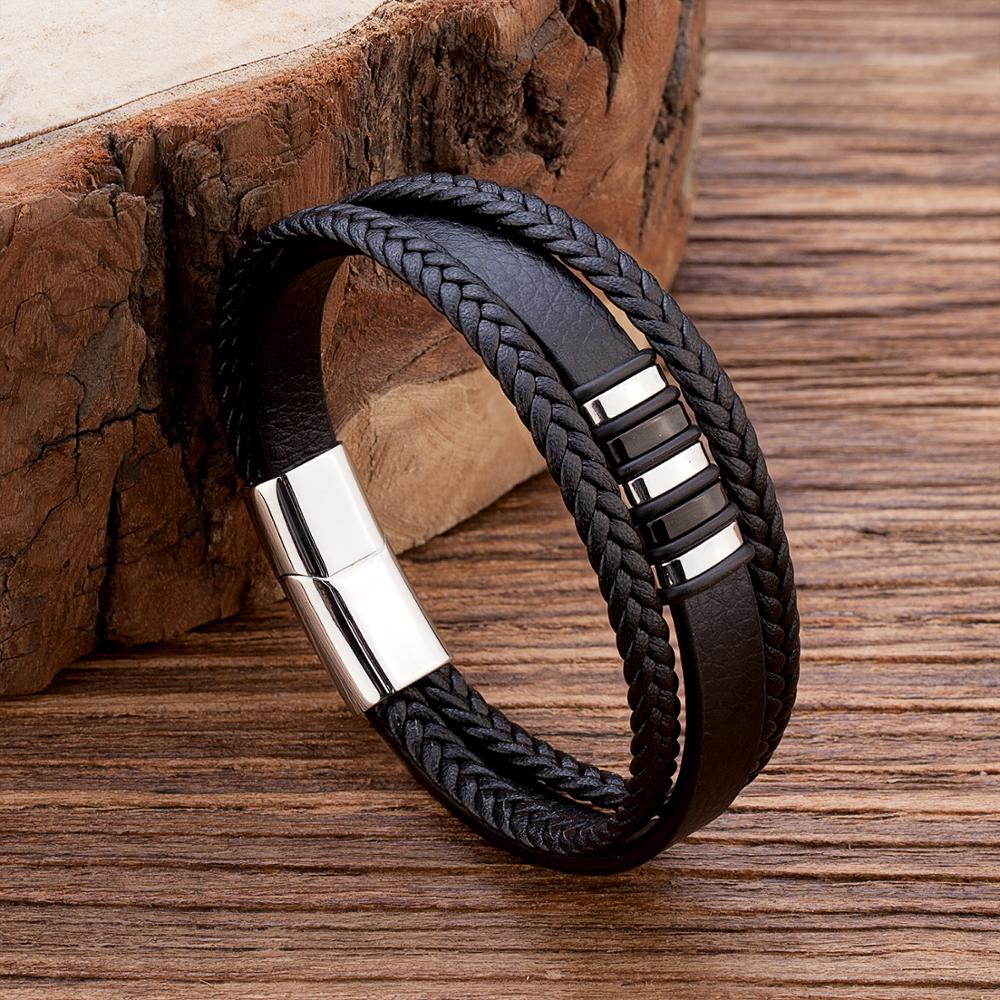 TANGYIN 19/21/23CM Genuine Leather Bracelet Black & Brown Color with Stainless Steel Buckle Easy Hook Bangle For Cool Boys