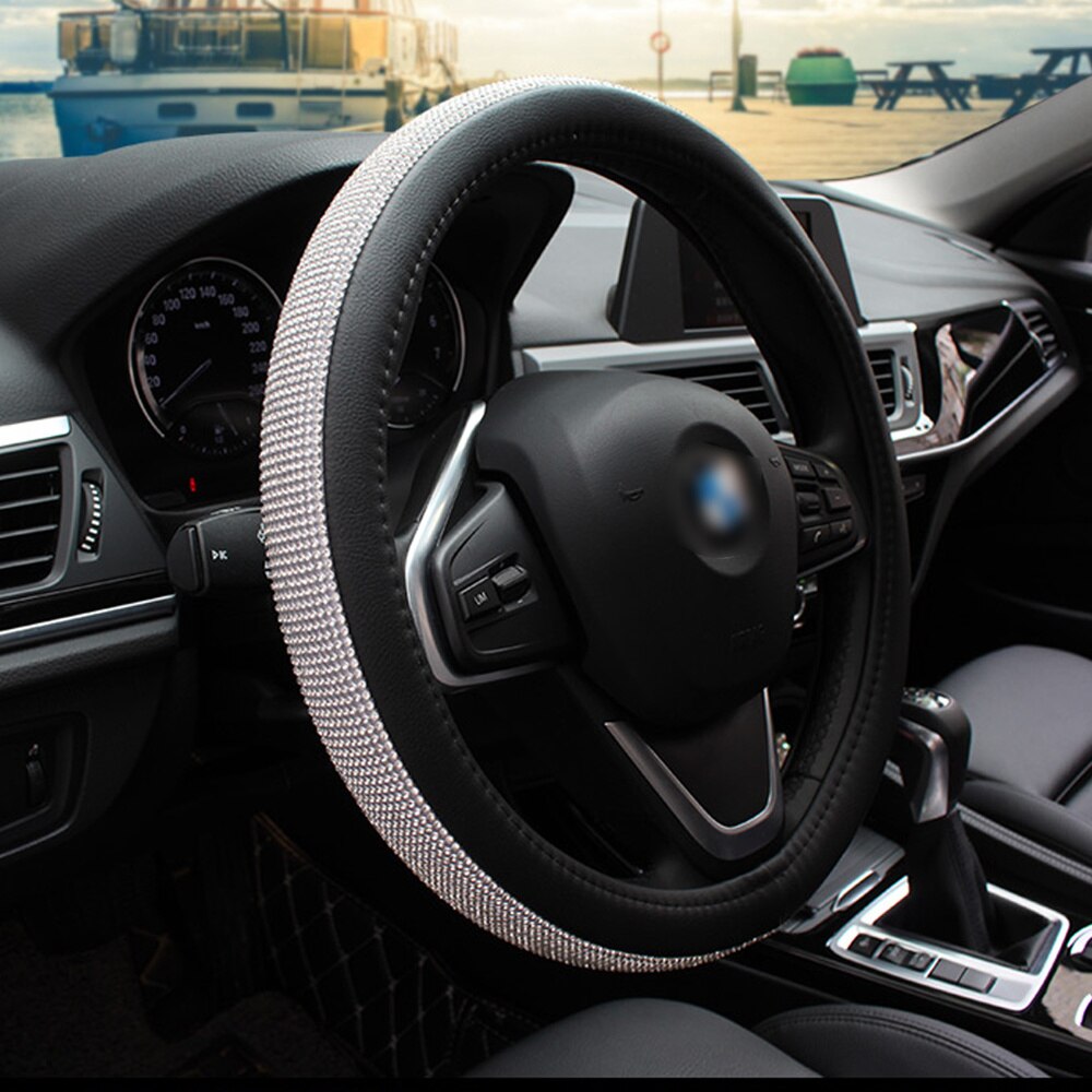 Fashionable Rhinestone Car Steering Wheel Cover Anti-slip Wheel Sleeve Protector (Black Leather + White Diamond): Picture 6