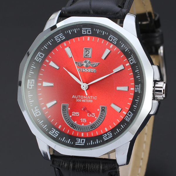 WINNAAR Classic Mannen Horloges Alloy Case Automatische Mechanische Zelf Wind Casual Lederen Pols Vier Kleuren Beschikbaar