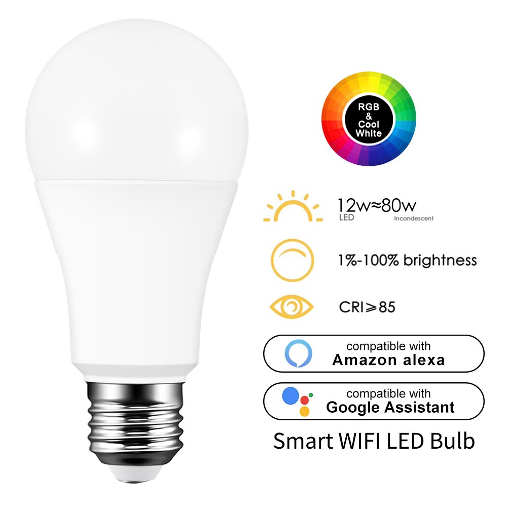 WiFi Smart LED Light Bulb Work Google Assistant Voice Control APP Remote Control Dimmable RGBW Multiple-Color LED Bulb: E27 Cold white / 1 pcs