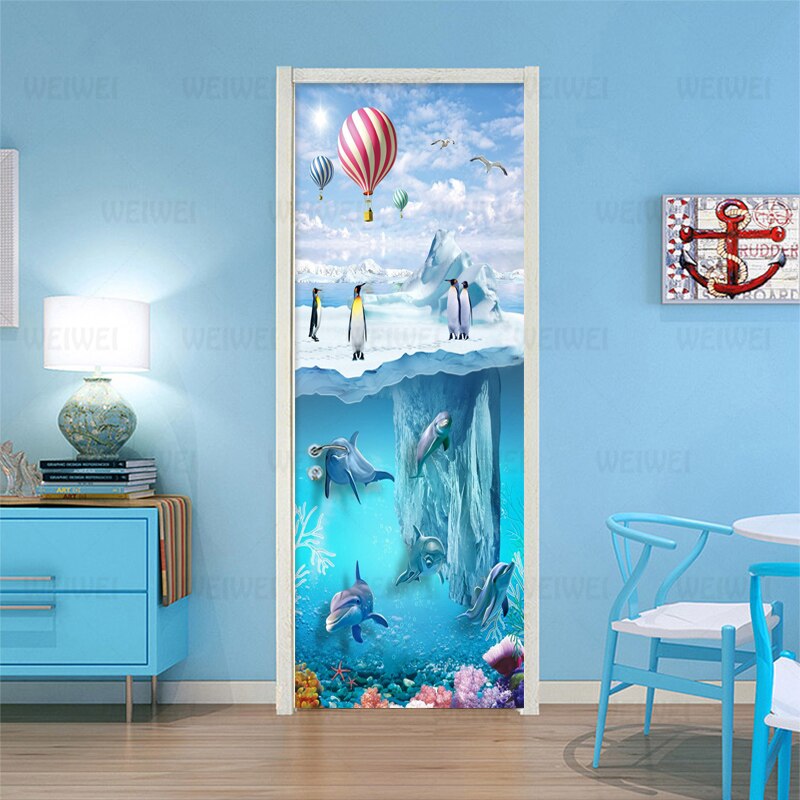 PVC Self Adhesive Waterproof Photo Wall Mural Door Sticker Wallpaper 3D Iceberg Penguin Dolphins Children's Bedroom Wallpaper 3D