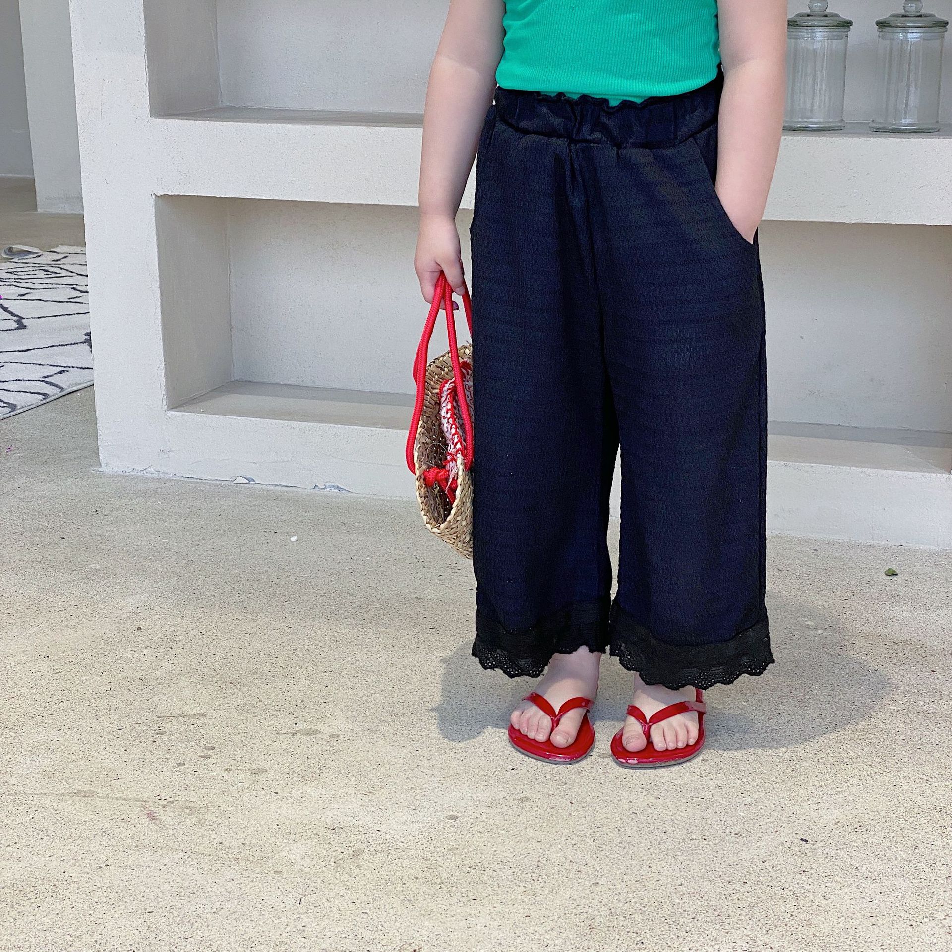 Pantalon élastique à la taille, longueur cheville, ample, droit, solide, Simple, confortable, doux, à la , moderne, propre, pour enfants filles, été: Black / 2T