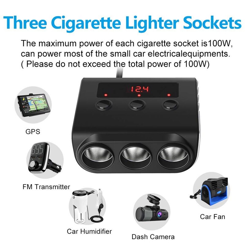Car Cigarette Lighter Adapter, 100W 12V/24V Car Charger with 4 USB Ports and 3 Sockets Cigarette Lighter Power Splitter, On/Off