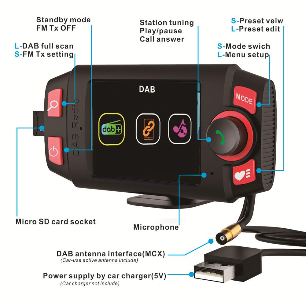 Car DAB Receiver 2.4inch 4 Color Screen Music Playback Bluetooth Player TF Card Aux DAB Digital Stereo MP3 Radio FM Transmitter
