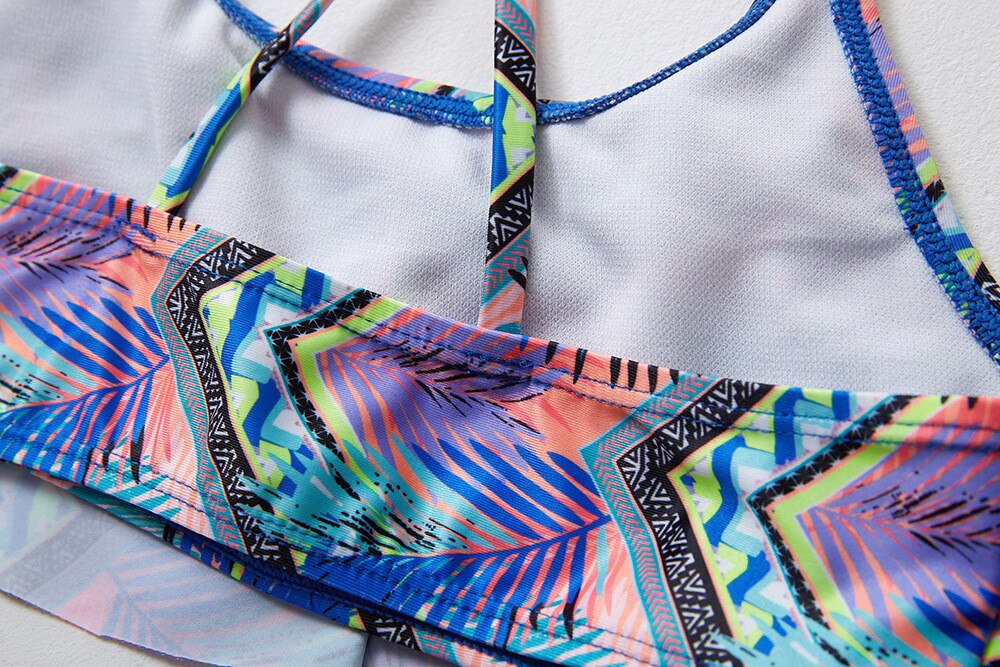 Summer Girls Swimwear Sleeveless Leaf Print Tassel Beach Split Swimsuit Bathing Suit Bikini Set 2pc Set Bimba