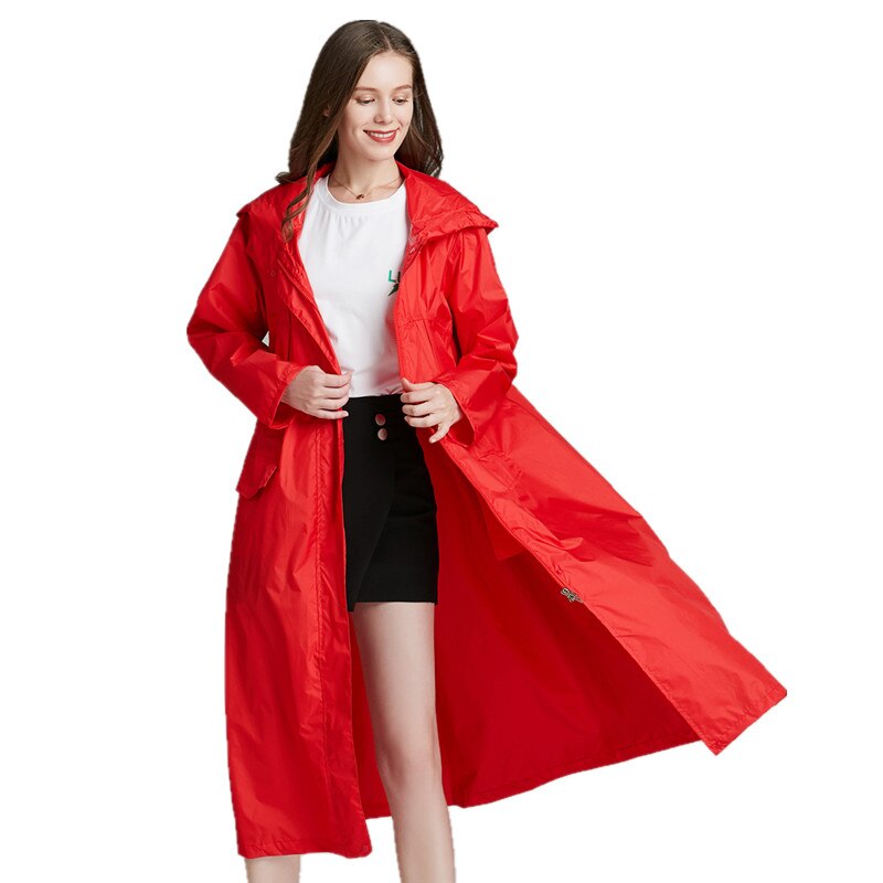 Sort og rød lang regnfrakke kvinder vandtæt hætte, damer regnfrakke ponchos jakker vindtæt kvindelige chubasqueros mujer