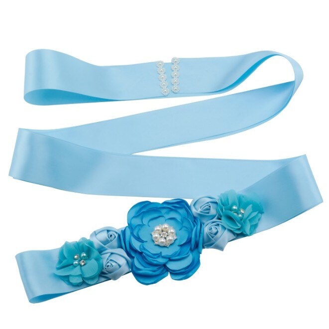 Cinturones de cintura de color verde esmeralda y melocotón para mujer y niña, cinturón largo de flores, pretina nupcial para boda, accesorios de vestido de: Azul cielo