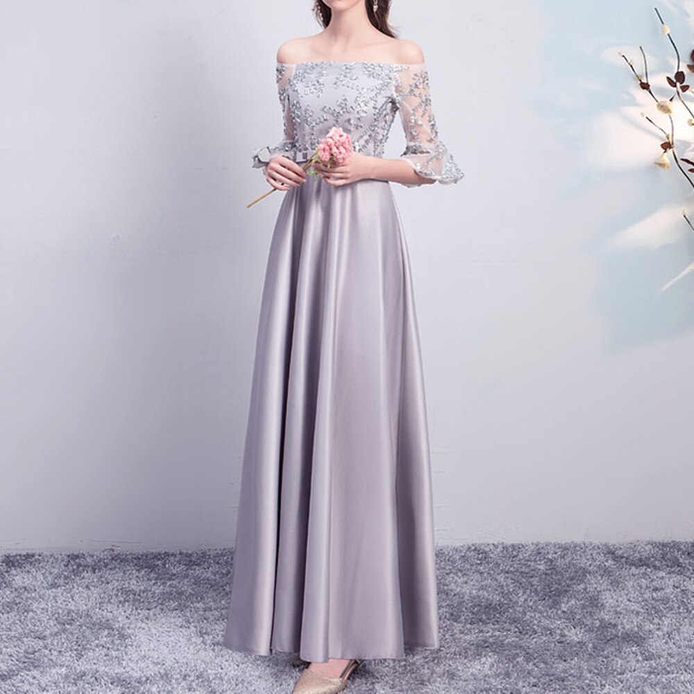 Bruidsmeisje Jurken Lange Voor Wedding Party Off-De-Schouder Kanten Ruches Half Mouwen Applicaties Elegante Zoete Wedding Party jurk: Grijs / 12