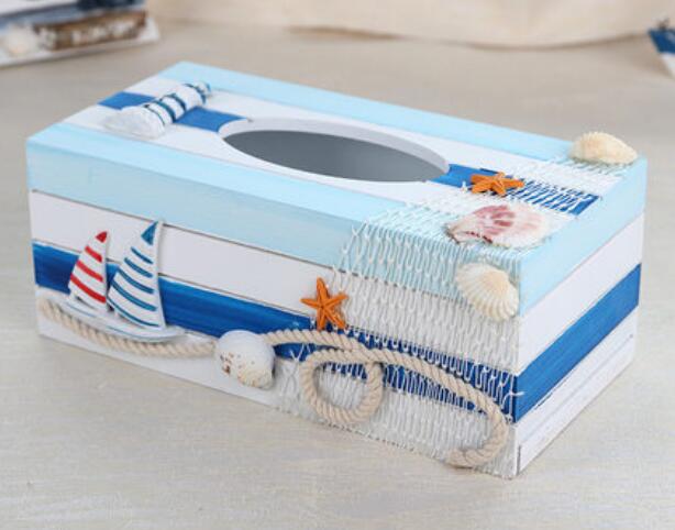 Mediterranean style wooden tissue box Blue ocean Beach marine shell decorative tissue box: B