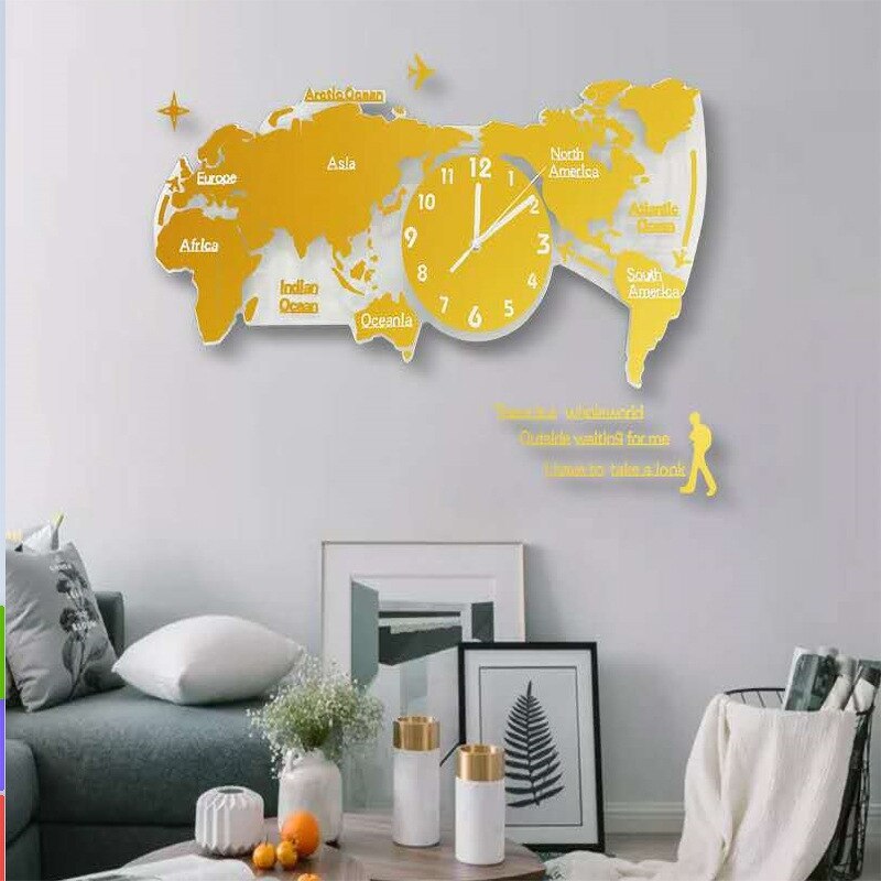 3D World Map Wall Clock Digital Modern Hanging Clock Quiet Acrylic Home Office