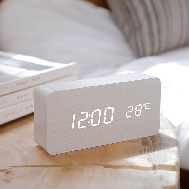 Led træ vækkeur ur bord stemmestyring vågne lys digitalt træ ur alarm usb/aaa powered ure bord boligindretning