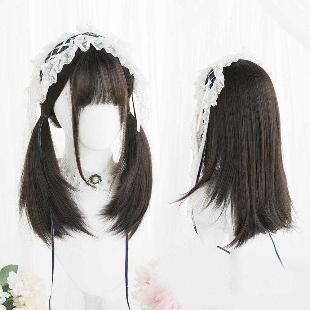 Cosplaymix 51cm lolita japan schattig medium steil haar zwart bruin ombre pony dame feest synthetische cosplay pruik + pet
