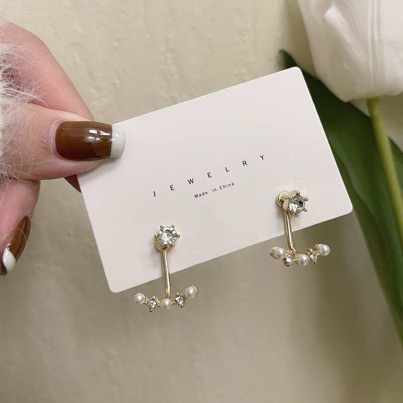 Short Shiny Sweet Ear Jackets Earrings Rhinestone Temperament Pearl Earrings