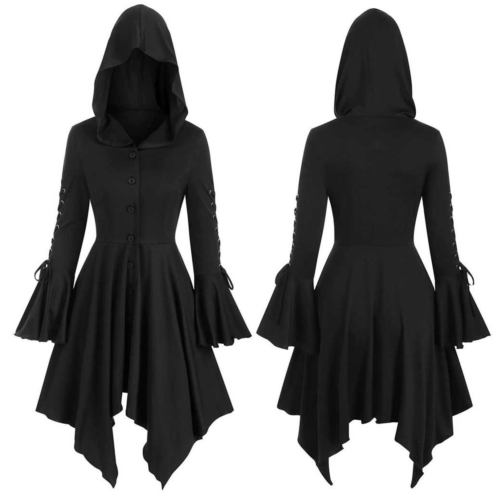 Vintage Women Cosplay Costume Medieval Lace Up Hooded Pullover For Women Victorian Casual High Low Bandage Long Dress Cloak: XL / black