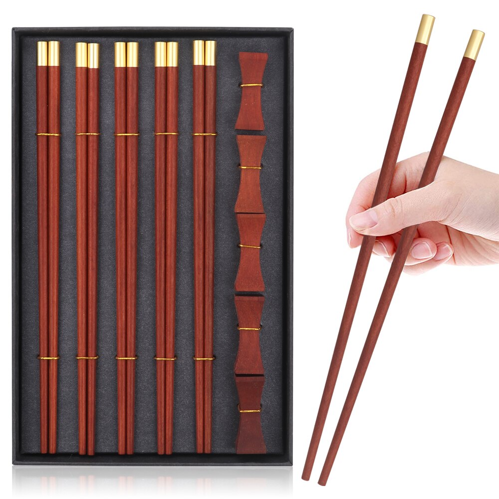 VIP Boutique Box 5 Pairs Red Sandalwood Chopsticks 5PCS Chopstick Rest Solid Wood Pure Copper&quot;FU&quot; Chopsticks Top: 5Pairs RedSandalwood