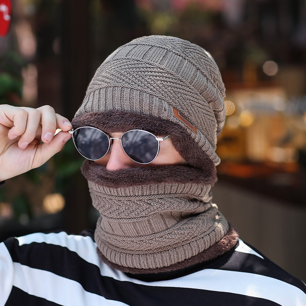 2 stücke Hütte Und Schal Kombination Winter männer Gestrickte Baseball Kappe Plus Samt Gepolsterte Lätzchen Schal Winddicht Und Warme Ich bin freien Warme: khaki