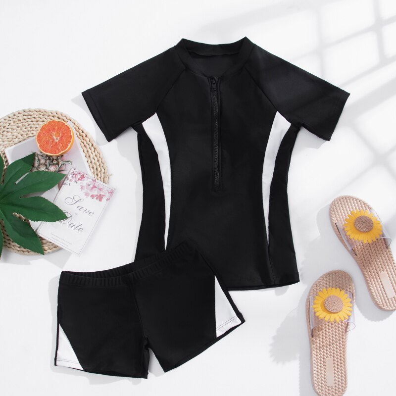 Swimsuit Girls Swimwear For Children Patchwork Swimming Black Bathing Suit Sport Shorts Sleeve Shorts Rash Guard: L