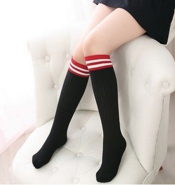 Baumwollsocken für freundlicher, lässige gestreifte schulsocken, kniehoch, aus weicher, atmungsaktiver baumwolle, für jungen und mädchen, lange socken über dem knie: Schwarz / M länge ungefähr 35cm