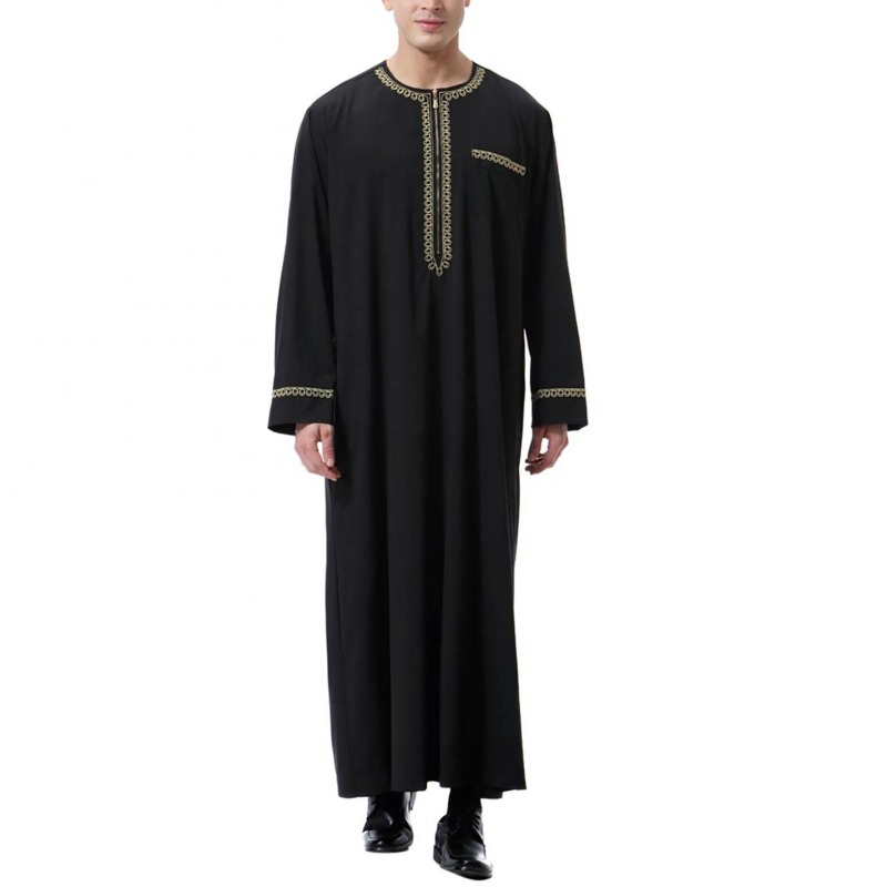 Mens Traditional Arab Thobe Middle Eastern Cultural Robe Round Neck Loose Fit Long Comfortable Islamic Clothing for Daily Wear