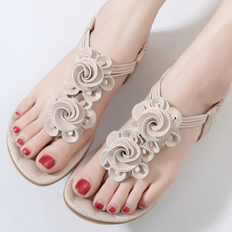Sandalias étnicas De verano para Mujer, plataforma De flores, tacón plano, Punta abierta, banda elástica, informales, para playa y aire libre