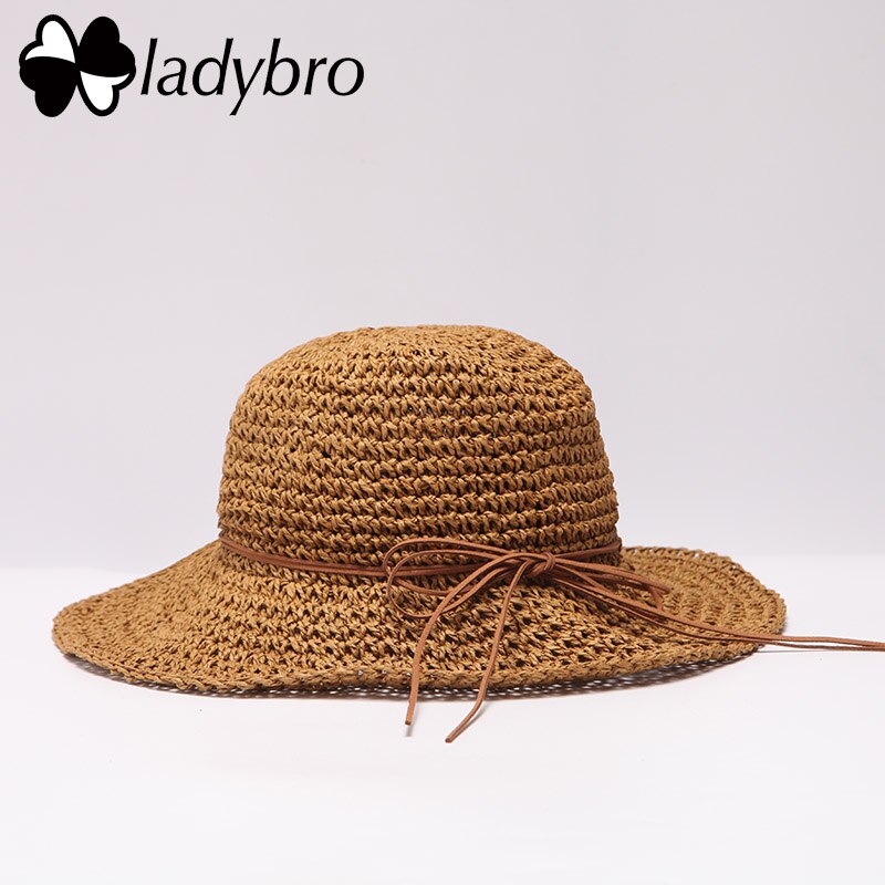 Ladybro Brand Ladies Sun Hat For Women Bowknot Raffia Straw Hat Foldable Summer Hat Wide Brim Beach Hat Female Chapeau Femme: 001 light coffee
