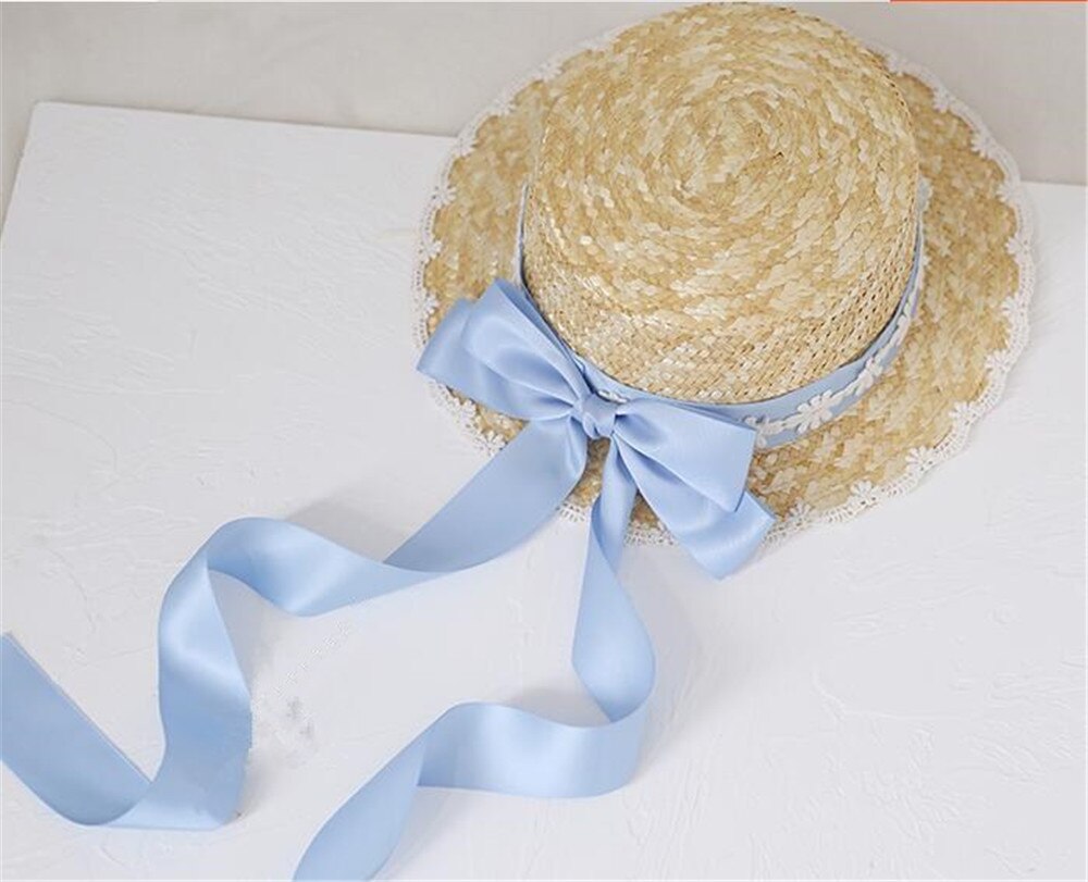 Mori Girl Cute Big Bow Lace Ribbon Lolita Straw Hat Sweet Princess Lolita Flat Cap Beach Cap B1527: 4
