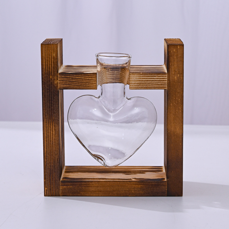 Petit Vase hydroponique avec cadre en bois, conteneur de bouteilles en verre pour plantes, décoration de maison, salon, bureau
