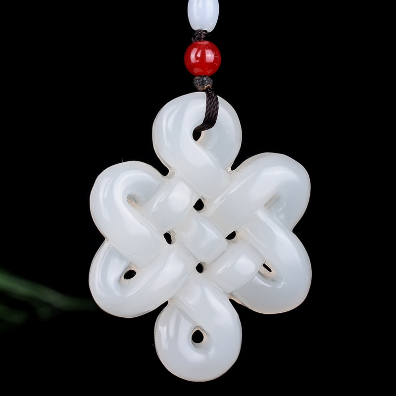 Natural Green White Jade Chinese Knot Pendant Beads Necklace Charm Jewelry Double-sided Hollow Carved Amulet for Her: White