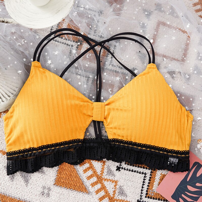 Sexy Women Lace Active Bra Push Up Wireless Bralette Female Thin Straps Underwear Beauty Back Padded Lingerie: Yellow