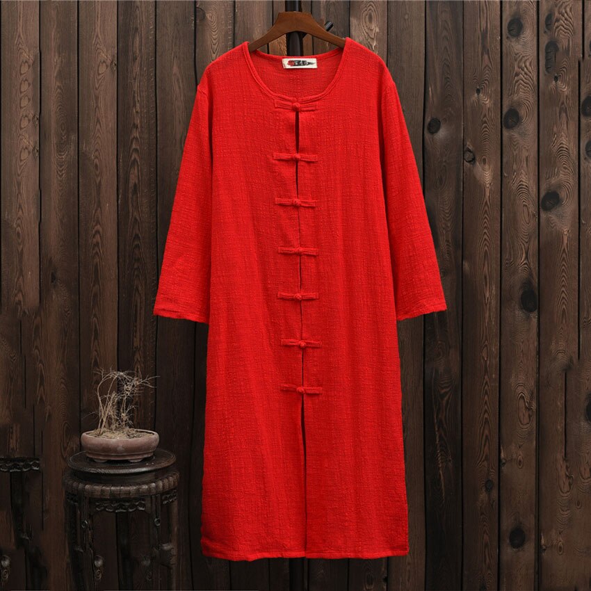 Chaqueta estilo Oriental chino para mujer, cárdigan, vestido bohemio suelto de manga larga, Kimono de lino, Vintage, Ropa de Tai Chi, Teaism, otoño: Rojo