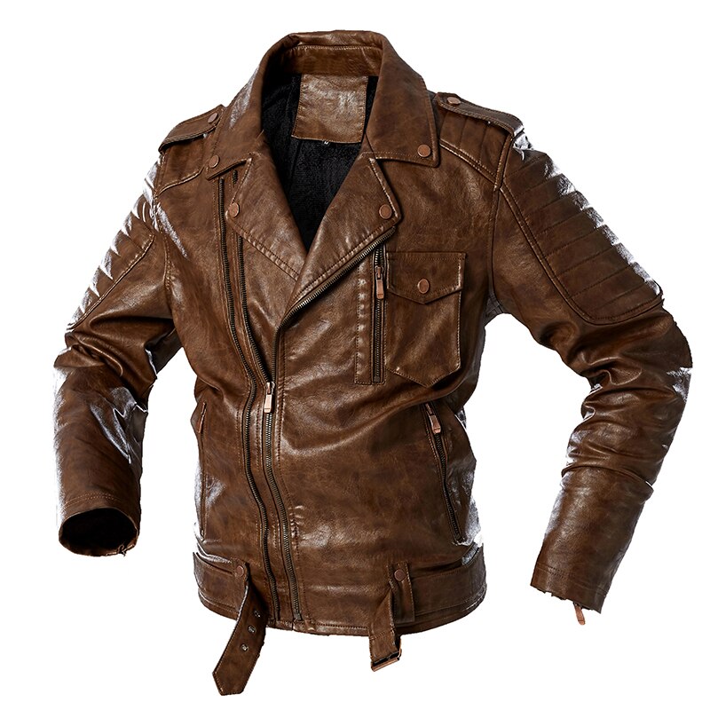 Newest Punk Rock Jacket Men Zipper Retro Motorcycle Leather Jackets Coats Fleece Faux Leather Jacket Men: Coffee / XL