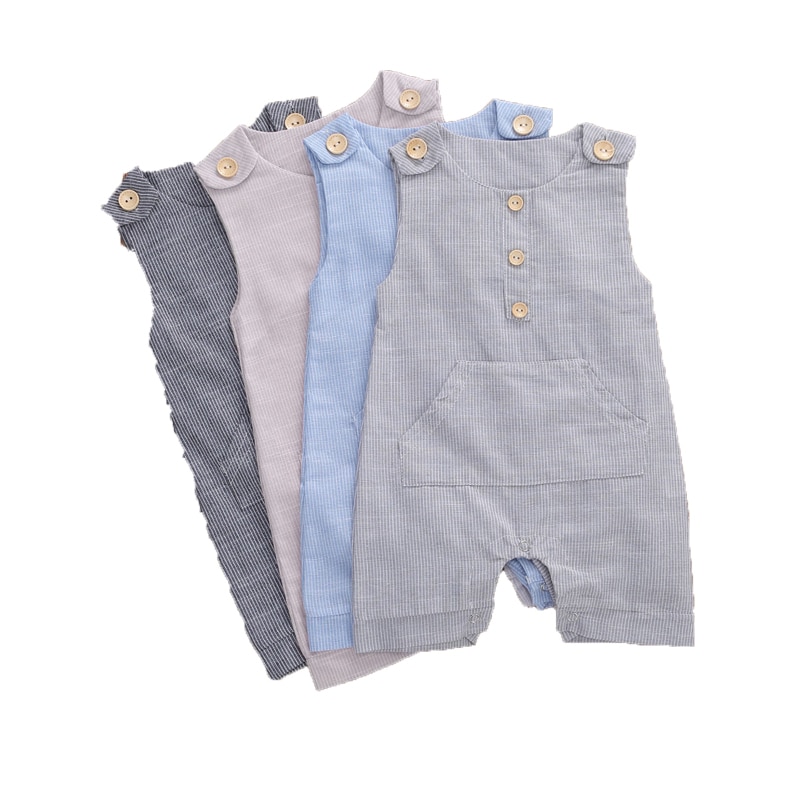 0-18M Zomer Baby Baby Meisjes Jongens Romper Gestreepte Print Mouwloze Pocket Jumpsuits 4 Kleuren