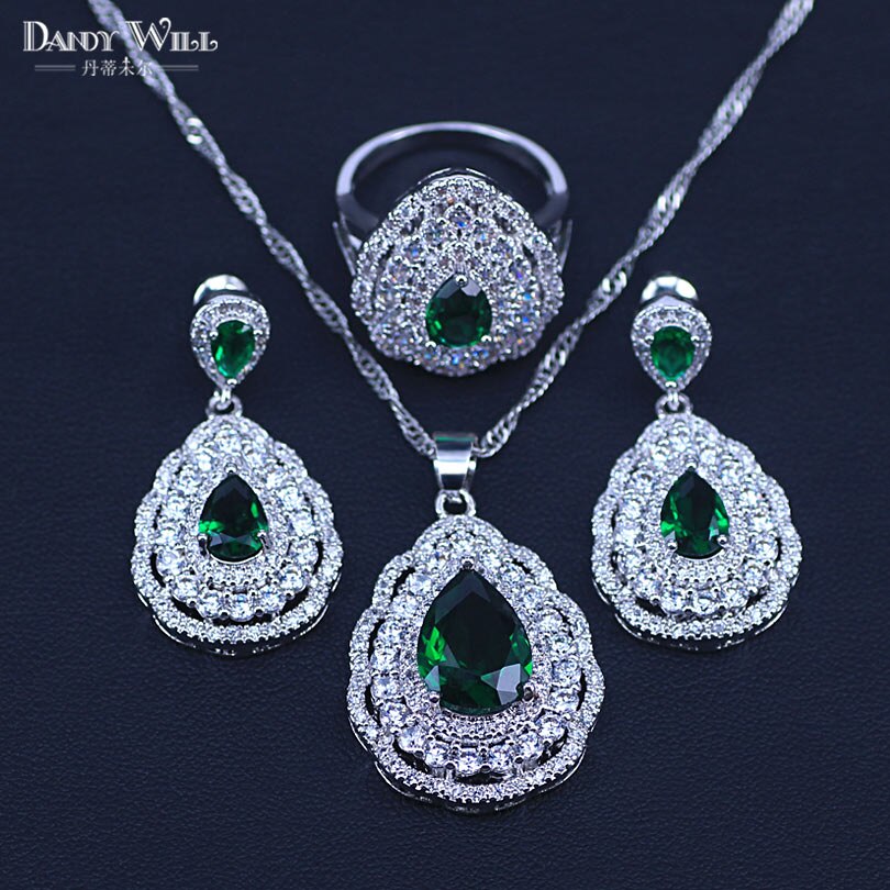 3- delige zilverkleurige kostuumsieradenset met groene zirkonia, oorbellen, ketting en ring voor dames  t73: Groente / 9