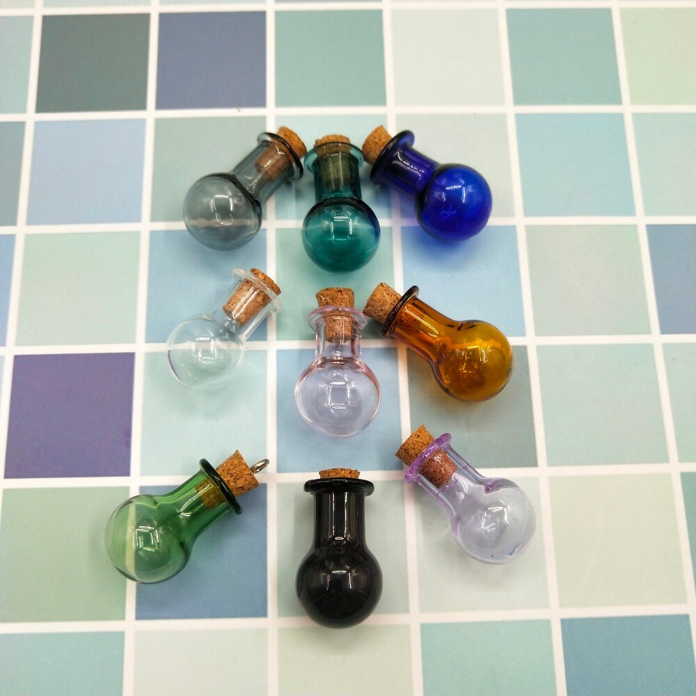 10 stks/partij Mini Glazen 9 Kleuren Fles Flessen Model Leuke Lamp Vorm Flessen Met Kurk Kleine Tiny Glazen Potten flesjes Hanger