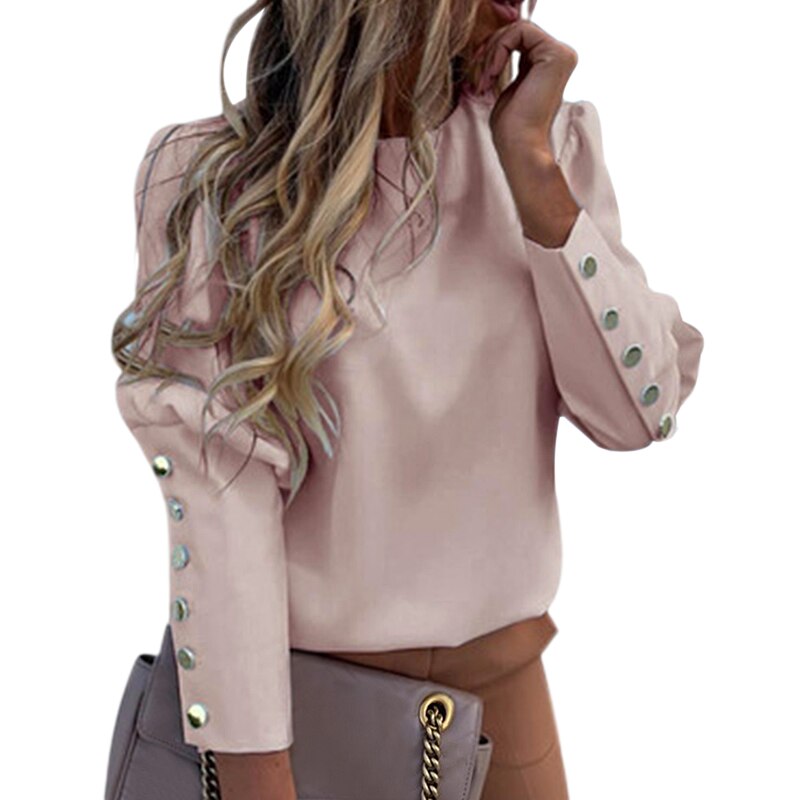 Women Blouse Puff Shoulder Shirts Office Lady Autumn Metal Buttoned Detail Blouses women Pineapple Print Long Sleeve Tops: 06 / XL