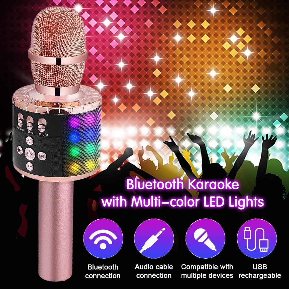 7 Colors Led Light USB Bluetooth Wireless Pink Microphone Speaker Handheld Microphone Ktv Karaoke Mic Music Player