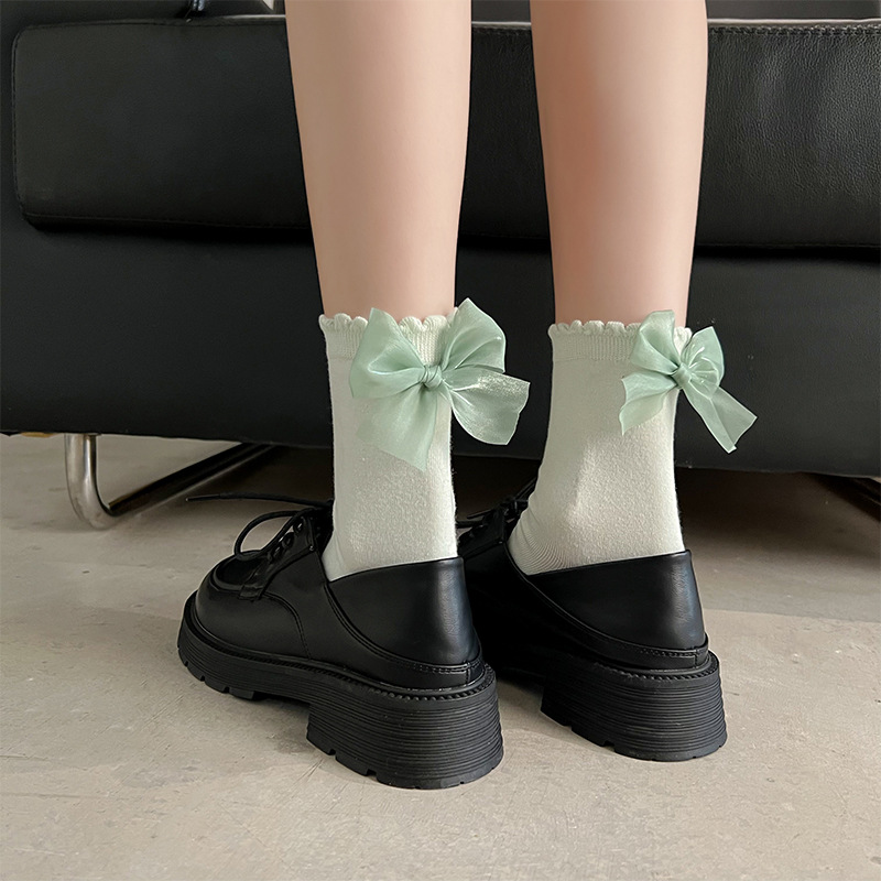 Calcetines de princesa con lazo para mujer, medias de tubo medio de Color sólido para primavera y verano, bonitos calcetines de tubo decorados con lazos,