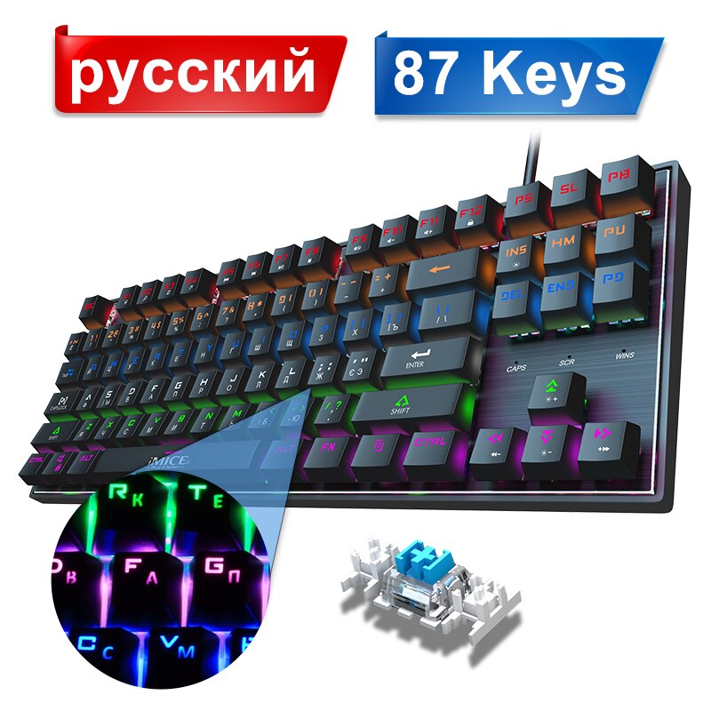 Gaming Keyboard Mechanical Keyboard Backlight RGB Backlit Game Keyboards Russian Keycaps for Gamer PC Computer Gaming Keyboard: 87Keys Russian