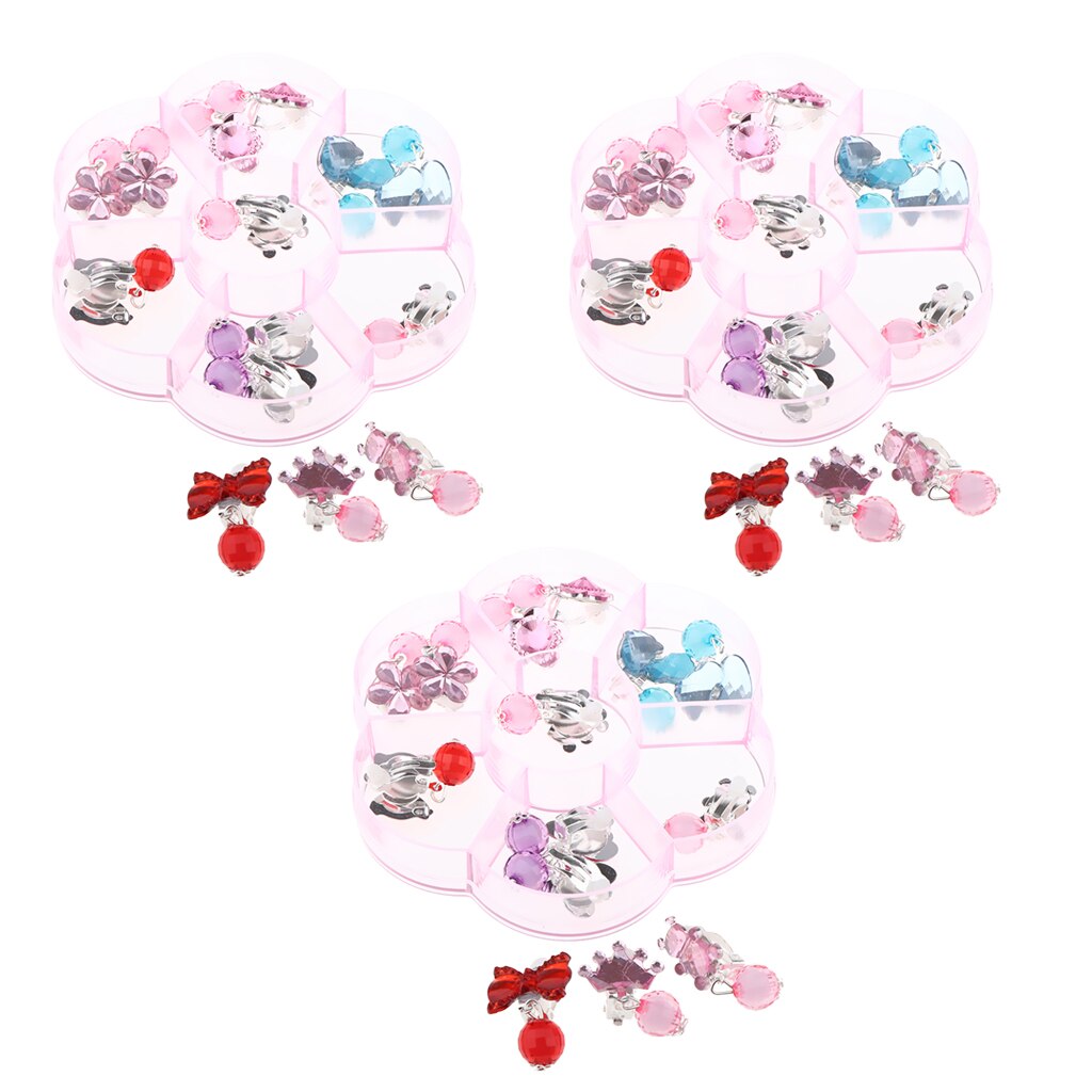 7 Pairs Cartoon Kids Kleurrijke Acryl Omzoomd Clip Op Oorbellen + Box